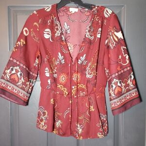 Takara Floral Print Hippie Top V Neck Bell Sleeves Blouse Bohemian Chic Sz Small